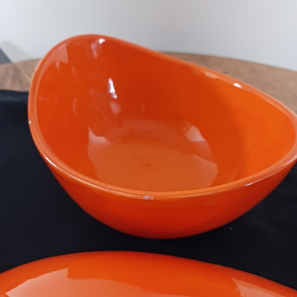 Vintage MCM Chip & Dip Serving Set 1970 Handpainted Ceramic Vibrant Orange 3 Pc - Picture 7 of 13